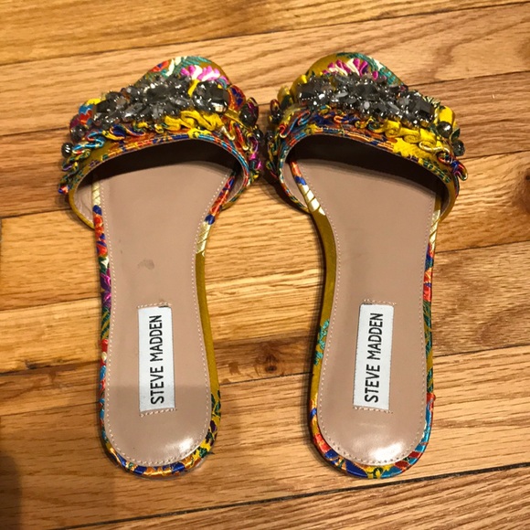 Pomona Jewel Funky Bright Neon Slide Embellished Flats Rhinestone SlipOn Crystal - Picture 2 of 9